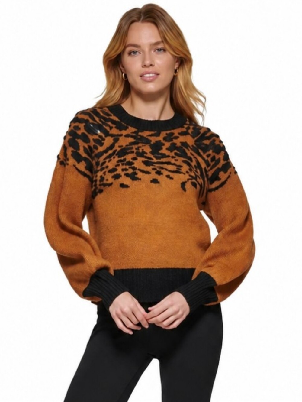 DKNY Crewneck Puff-Sleeve Sequin-Detail Black/brown Sweater sz XS